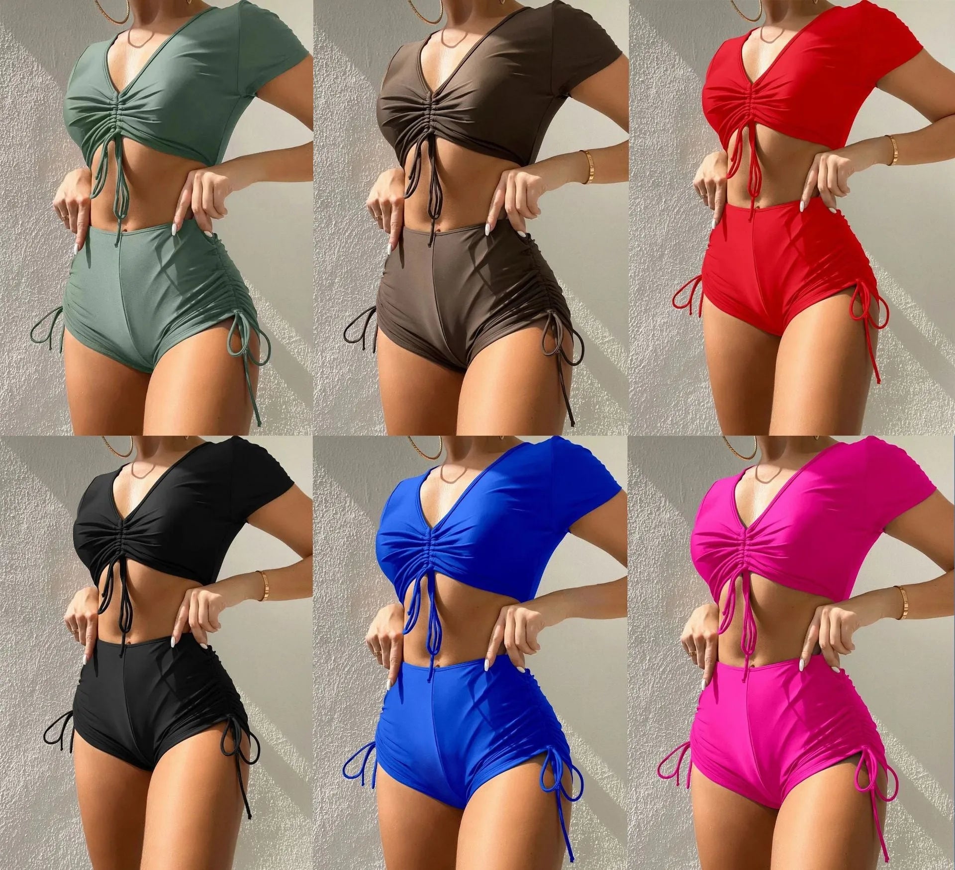 Women's dark green two-piece swimsuit with lace-up front and matching shorts.