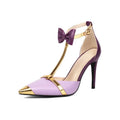 Purple plus size women's high heel sandals with closed toe and buckle fastening on a white background.