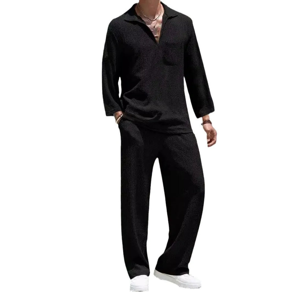 Men's casual shirt trousers suit in polyester available in lake blue, khaki, black and caramel colours