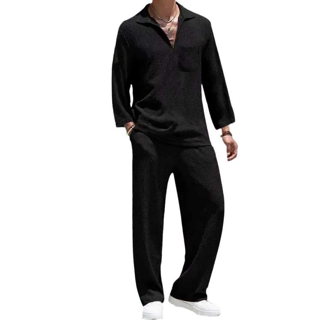 Men's casual shirt trousers suit in polyester available in lake blue, khaki, black and caramel colours