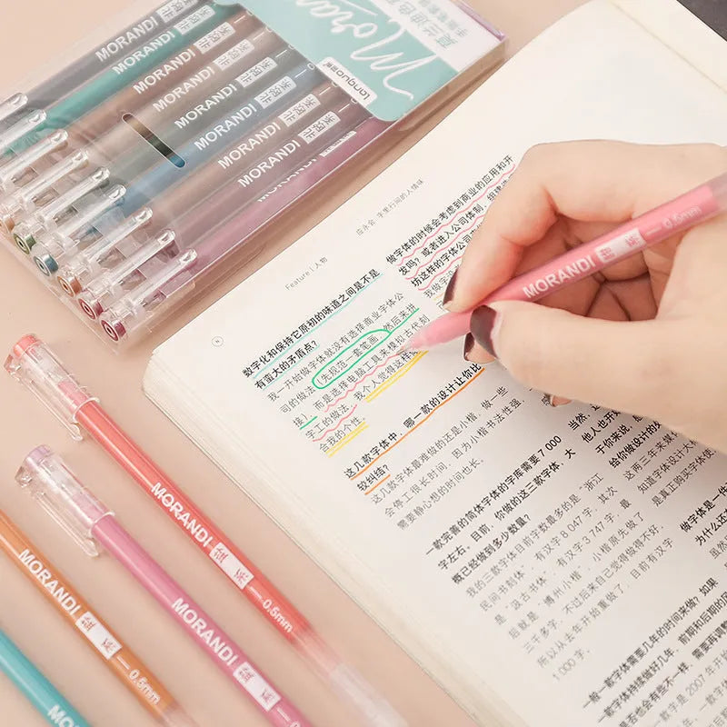 Set of nine Retro Hand Account gel pens with 0.5mm needle tips, shown in a choice of colour themes.