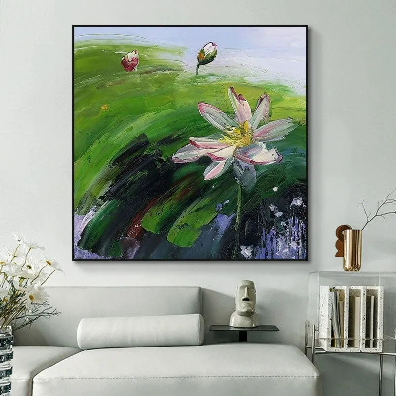 Hand-painted abstract rural landscape oil painting with lotus flowers on square canvas, modern style