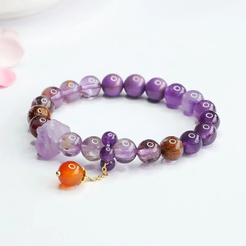 Natural nine purple amethyst and red agate Mori style crystal bracelet for Dragon Year.