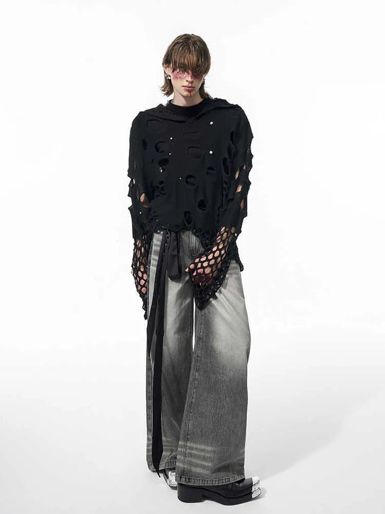 Black loose fit men's hooded sweater with pearl decorative details on hood