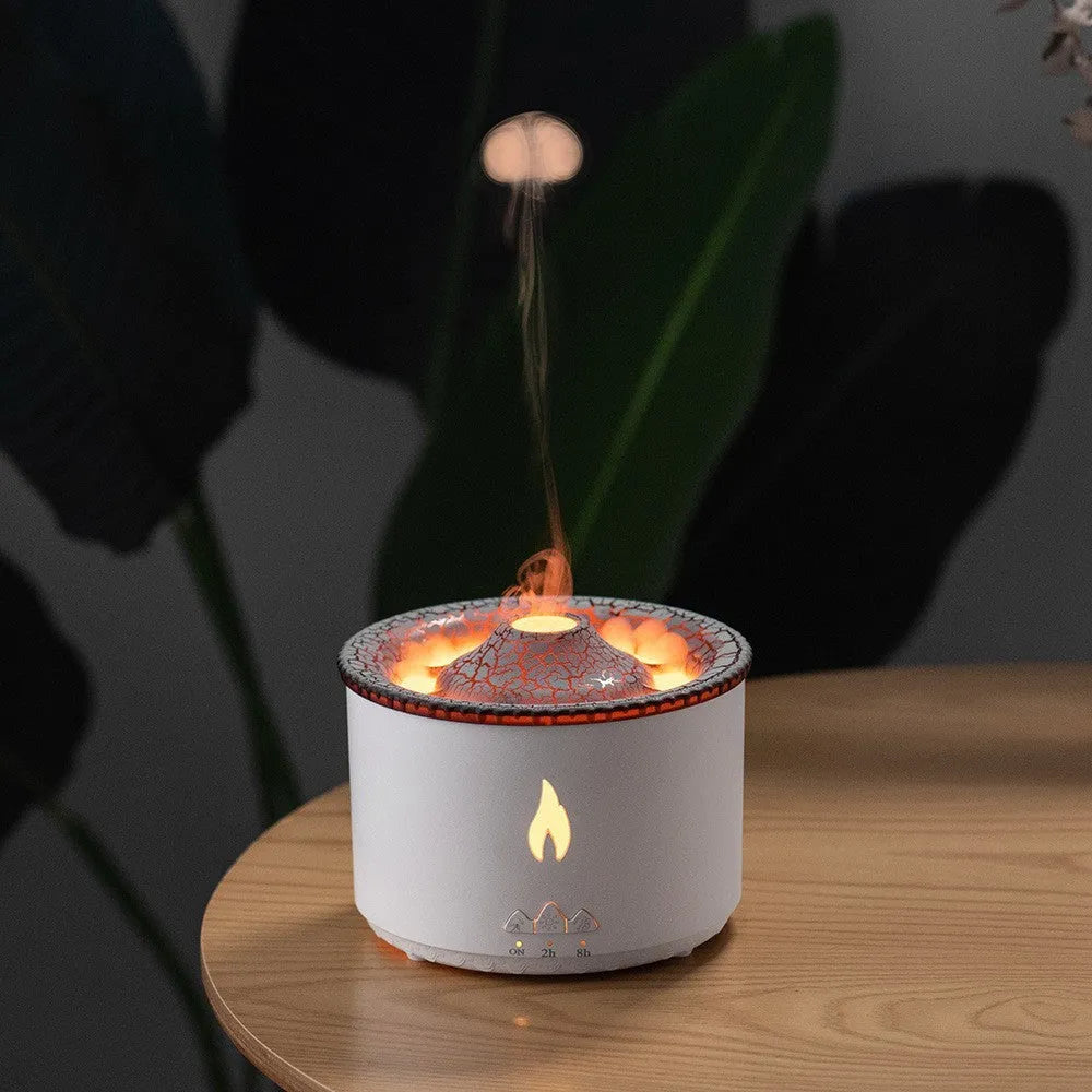 Round volcanic aromatherapy humidifier with two-colour night light in spray ring, 0.5L water tank capacity