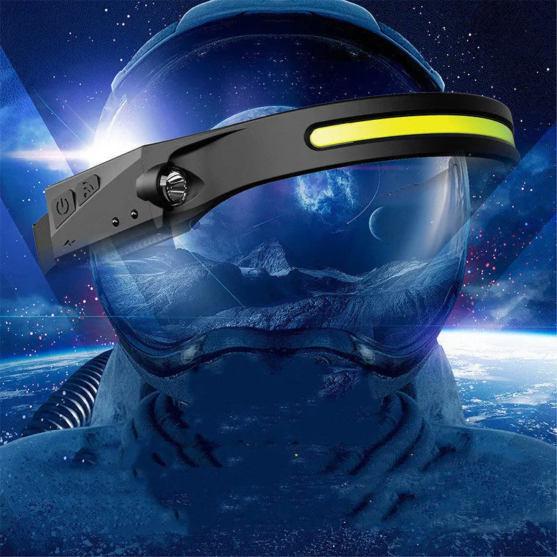 COB LED induction headlamp with silicone body, wide 230-degree beam, and separate long-distance side LED on a dark outdoor background