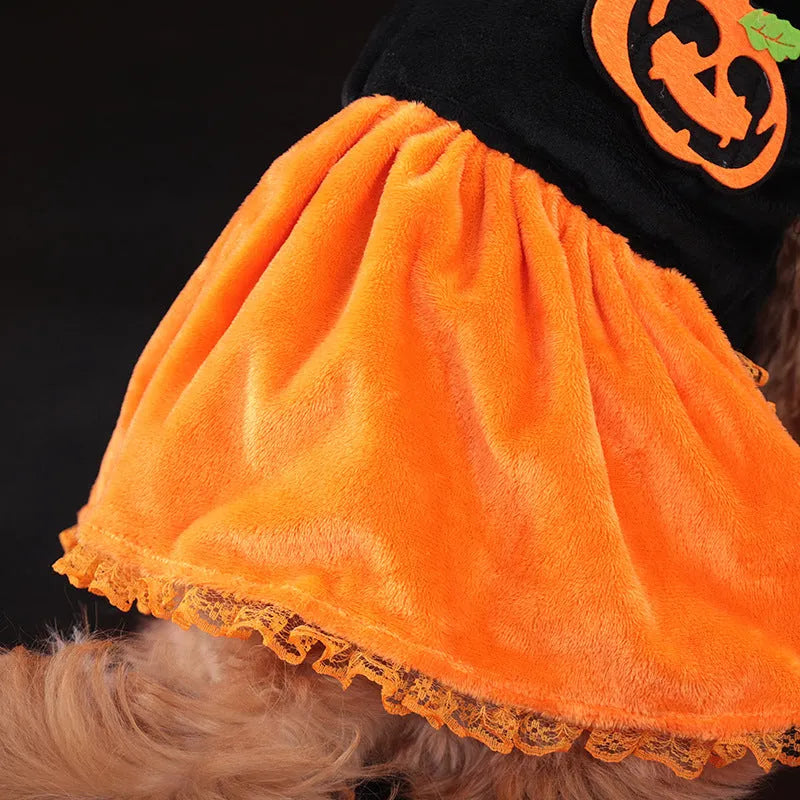 Halloween pumpkin skirt pet costume for small dogs in crystal velvet fabric