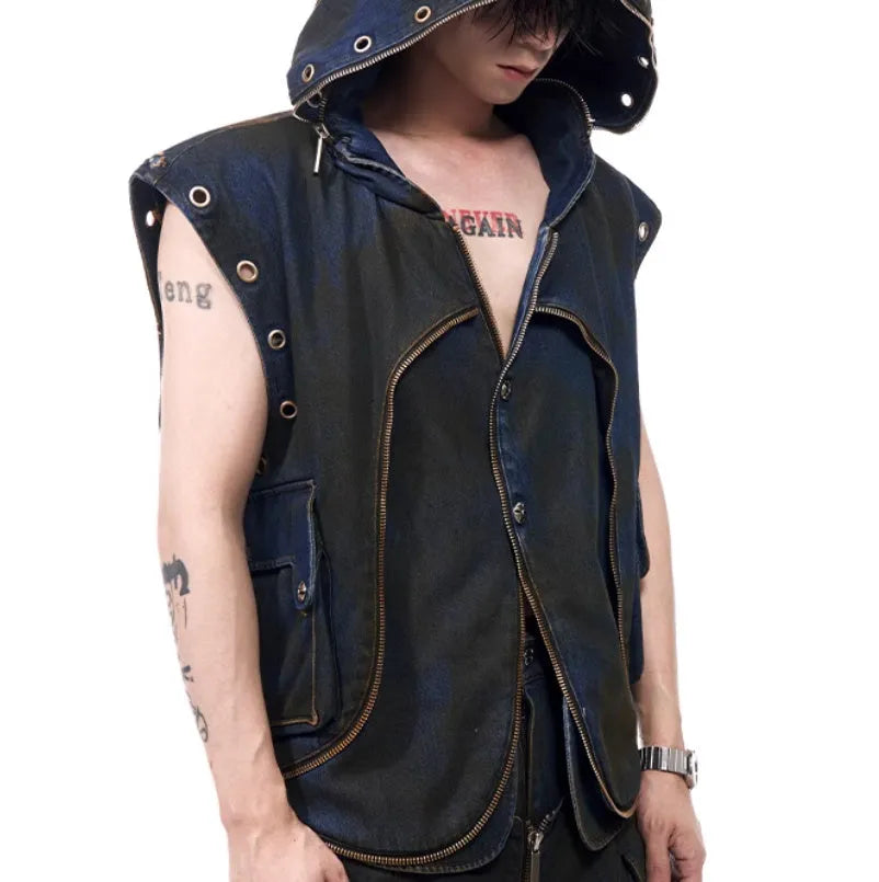 Blue Korean style hooded denim vest coat and matching trousers set on a hanger