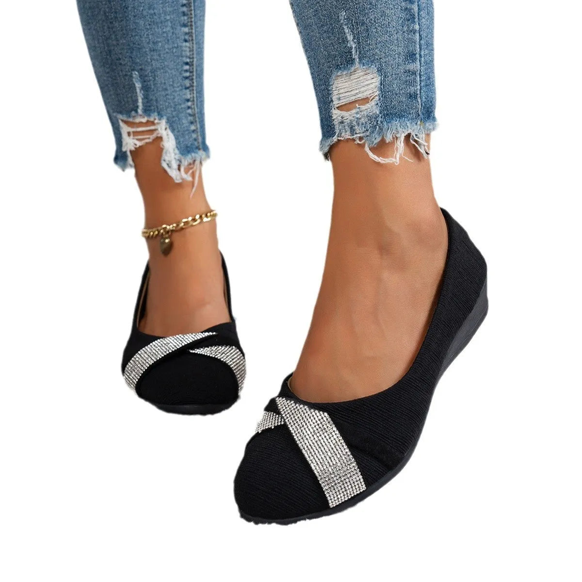 Black women's slip-on casual shoes with rhinestone detail and 6-8cm chunky heel