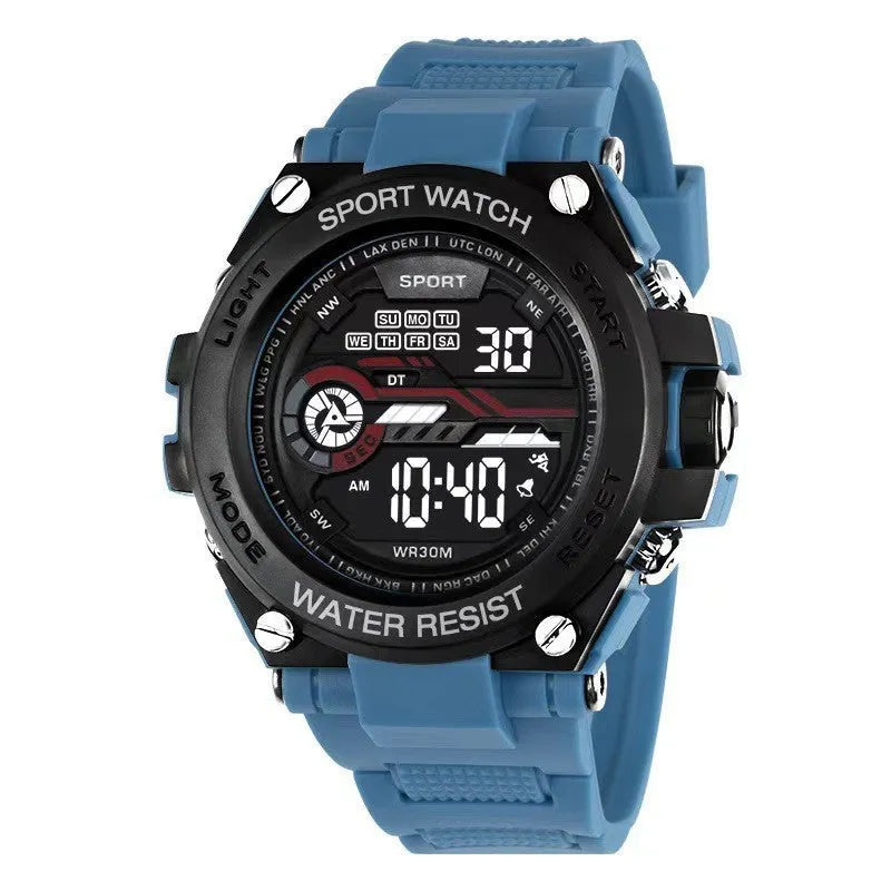 Digital electronic watch with LED display in multiple colour options