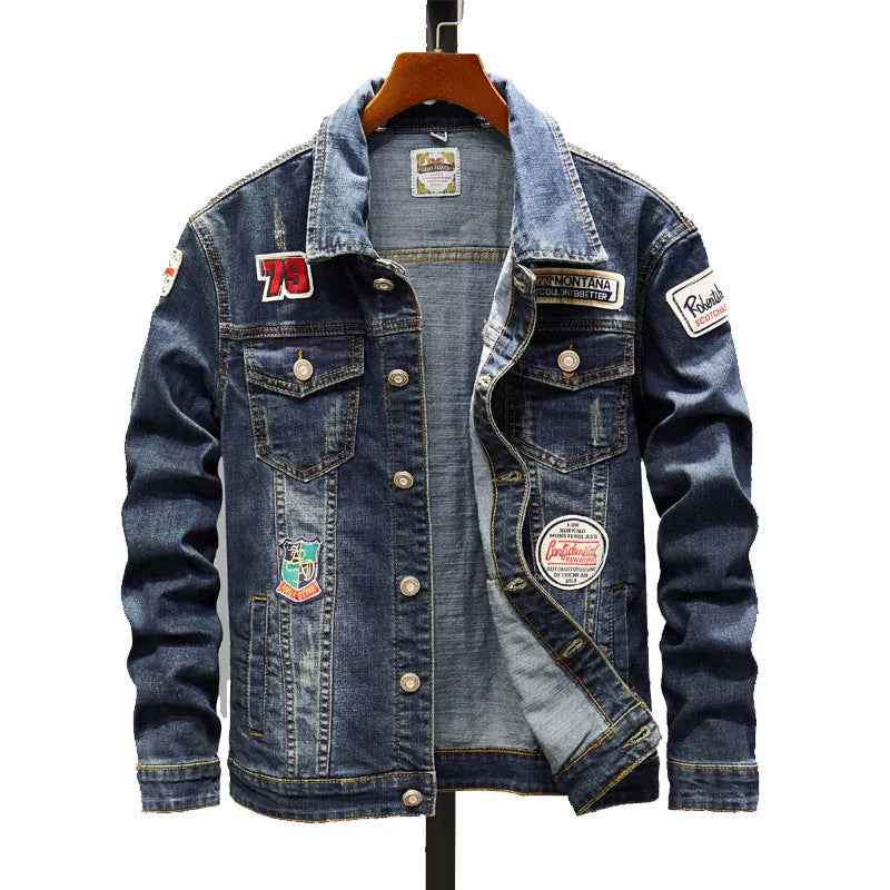 Plus size men's dark blue denim jacket with slim fit, long sleeves, round hem, no hood, cotton fabric