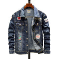 Plus size men's dark blue denim jacket with slim fit, long sleeves, round hem, no hood, cotton fabric