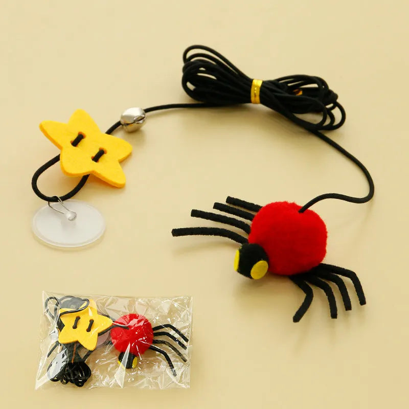 Red hanging door cat toy with elastic rope feather stick bell spider attachment