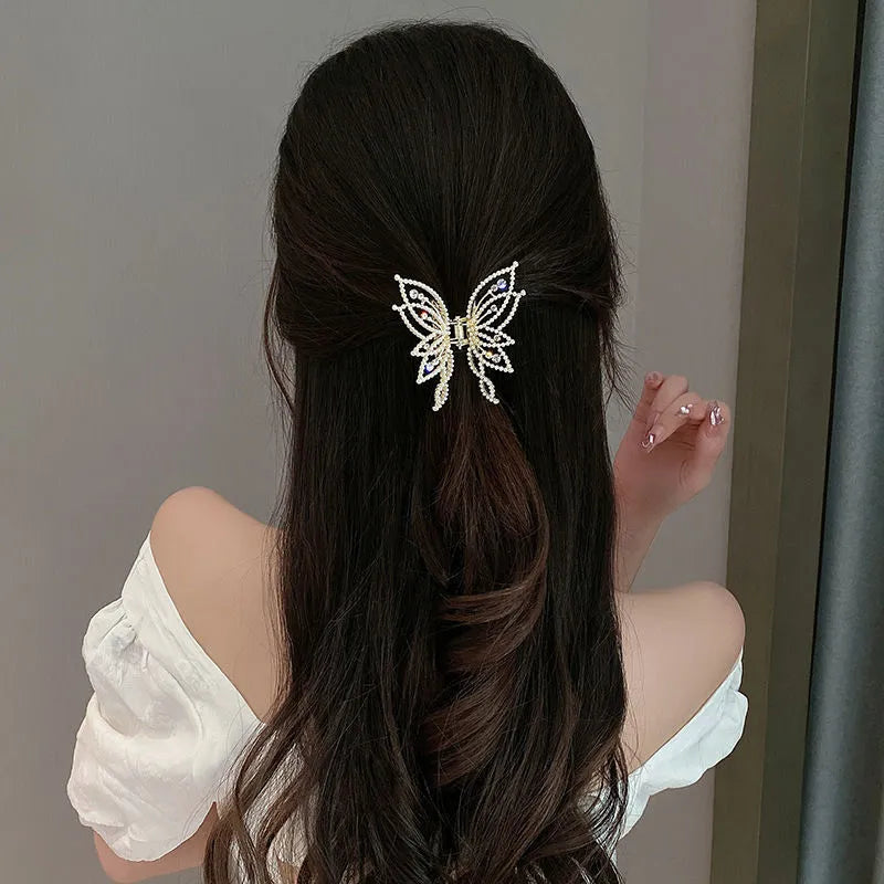 Butterfly-shaped alloy hair clip with rhinestone or pearl decorations, 6.7 cm wide