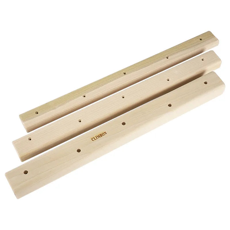 Three wooden fingerboards for grip strength training in 12cm, 40cm and 50cm lengths