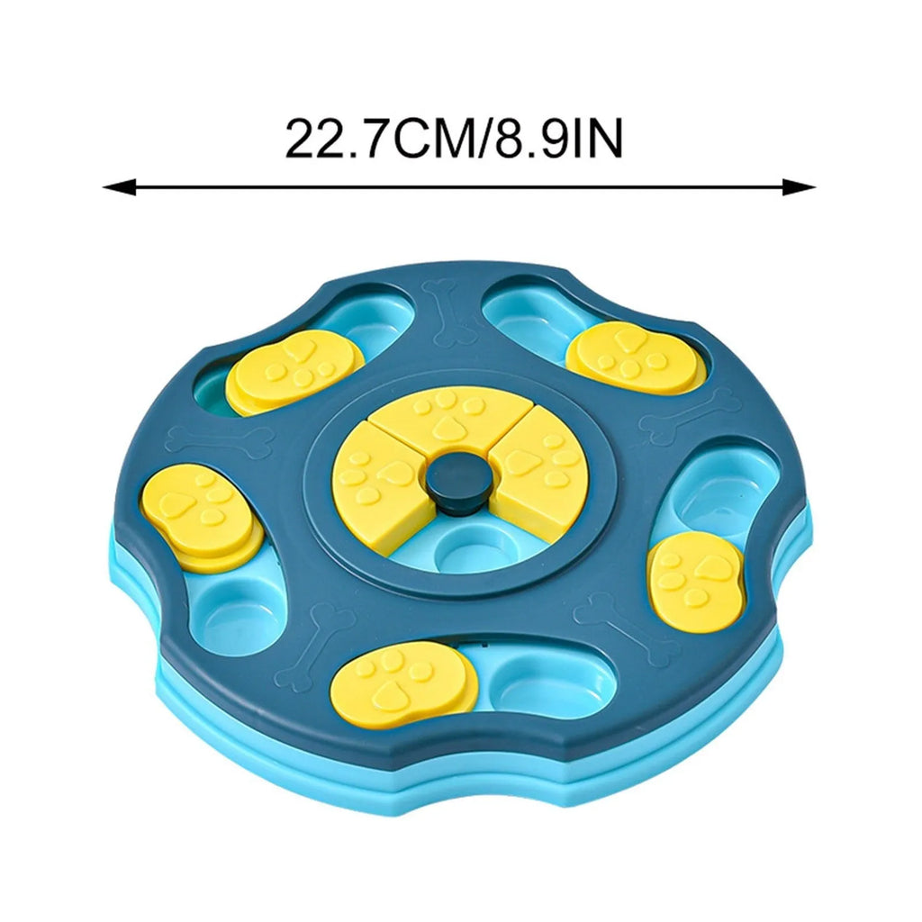 Blue and pink interactive dog puzzle food bowl for aggressive chewers with treat-dispensing games