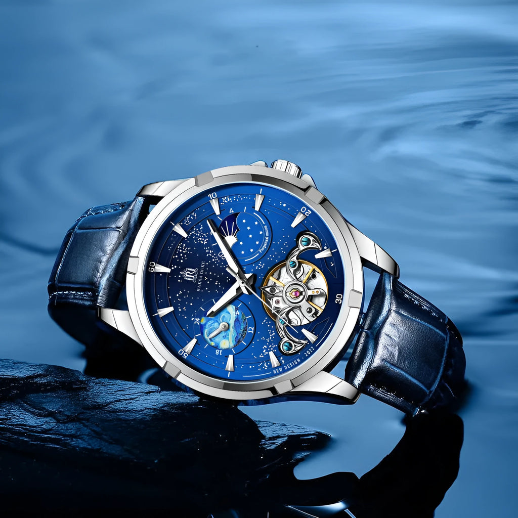 Men's blue dial automatic mechanical watch with 14mm thickness showing time display