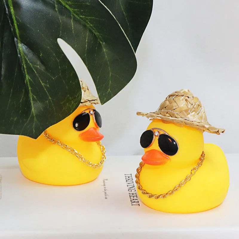 Straw Hat Yellow Duck cartoon car ornament with removable sunglasses necklace on dashboard