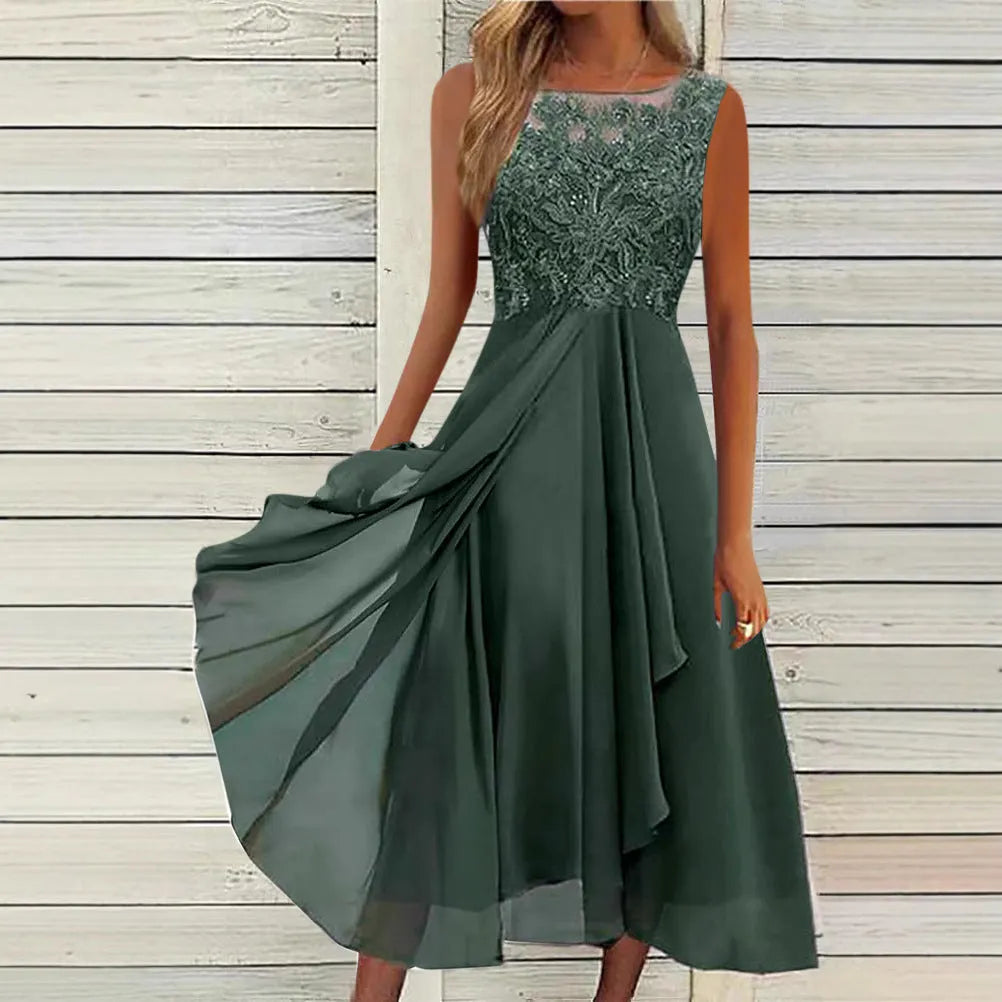 Women's sleeveless lace hollow-out chiffon dress in blue, green, or purple, mid-length skirt, princess style.