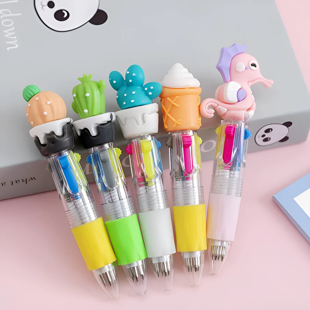 Cute cartoon press ballpoint pen showing one of five possible random designs: Cactus, Fast Food, Fruit and Vegetable, Heart Wing, or Seahorse.