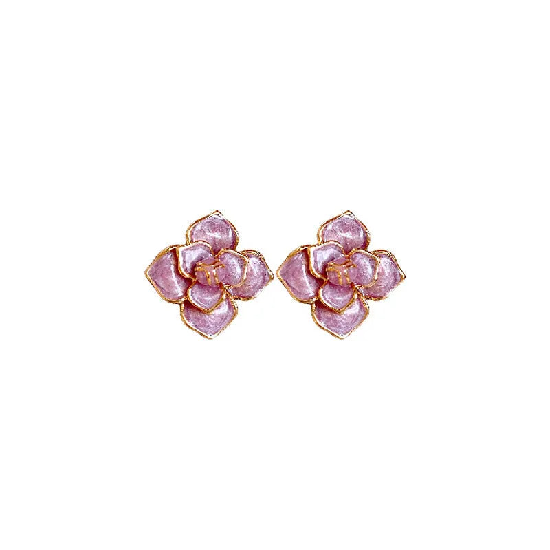 Gold plated silver needle purple oil-spot glaze flower stud earrings with copper construction