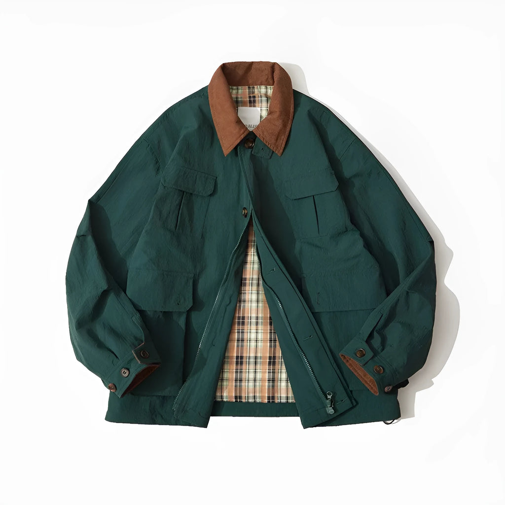 Green casual polyester jacket with long sleeves and side seam pockets on a hanger.
