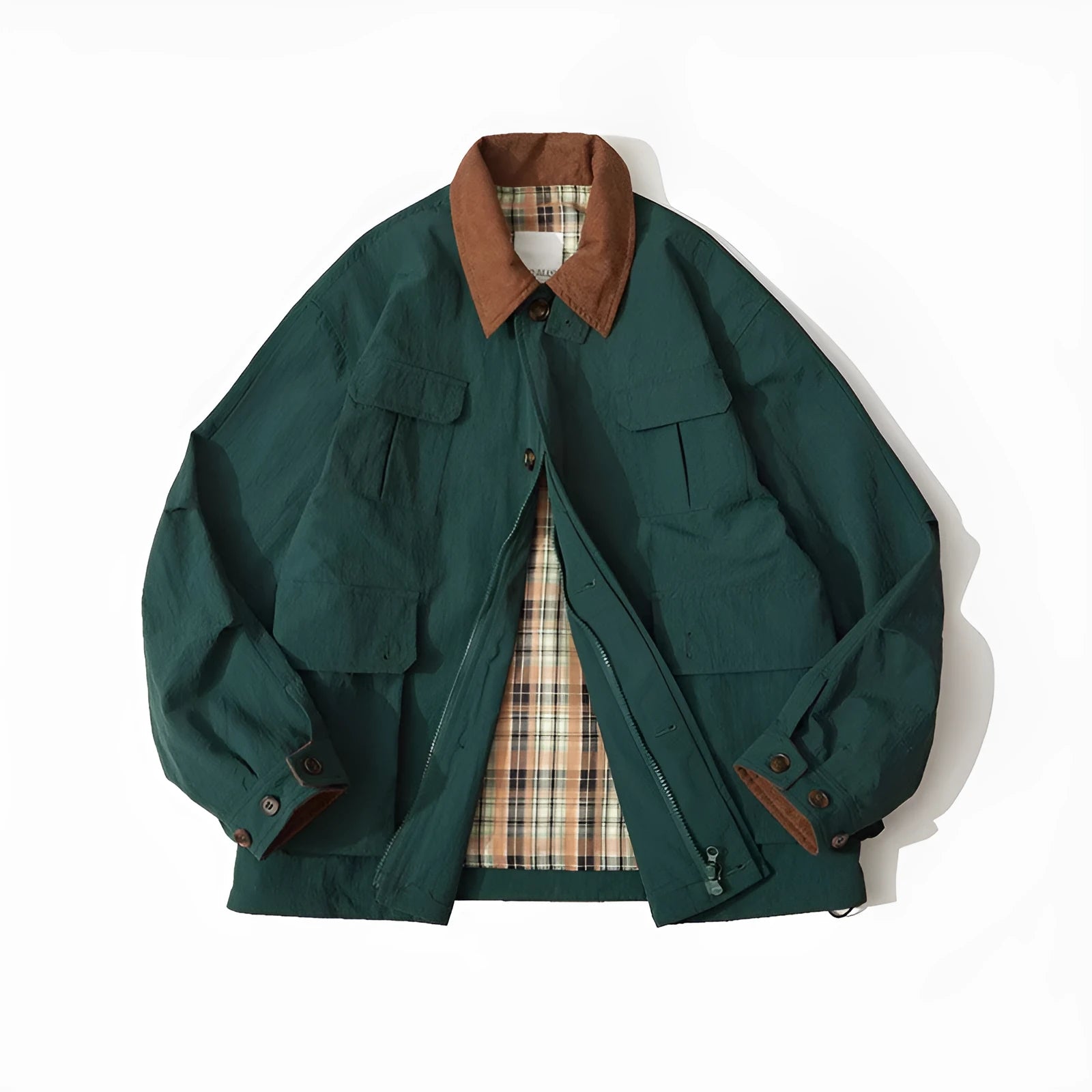Green casual polyester jacket with long sleeves and side seam pockets on a hanger.