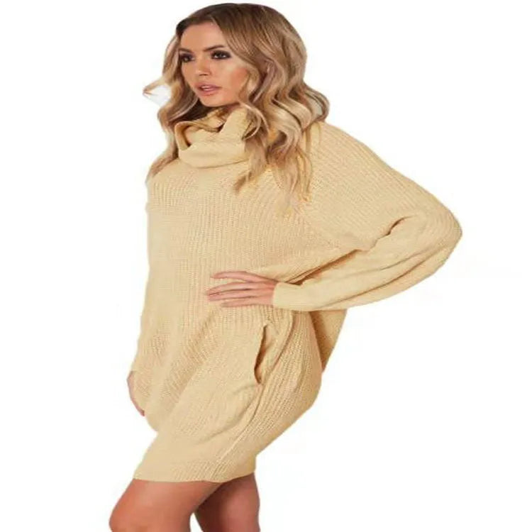Women's apricot lapel collar acrylic fibre mid-length sweater with side pockets on hanger