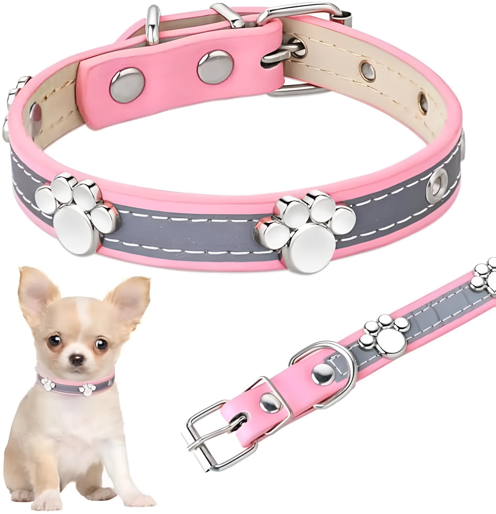 Reflective PU leather dog collar with metal paw rivets and adjustable buckle