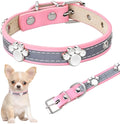 Reflective PU leather dog collar with metal paw rivets and adjustable buckle