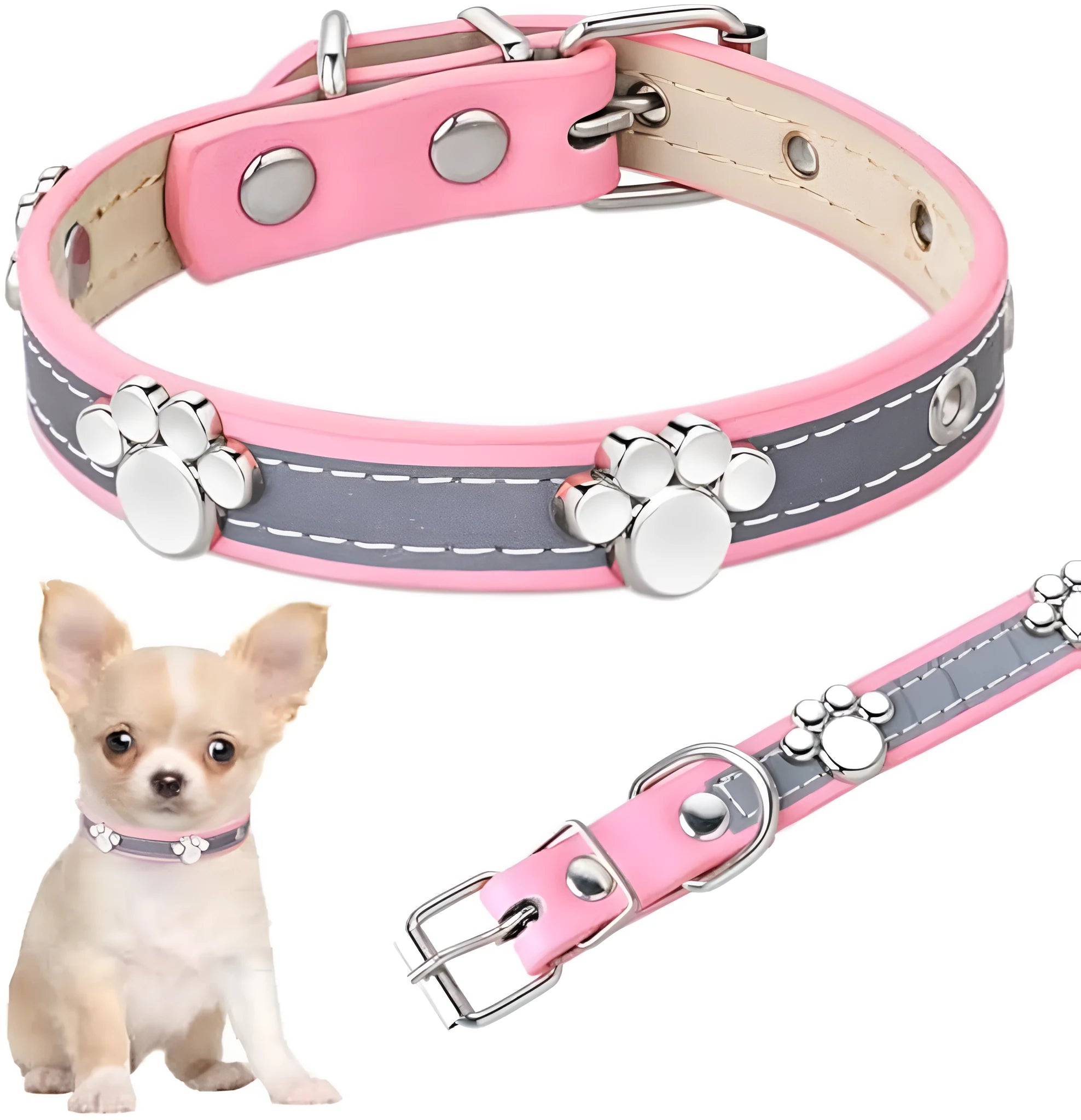 Reflective PU leather dog collar with metal paw rivets and adjustable buckle