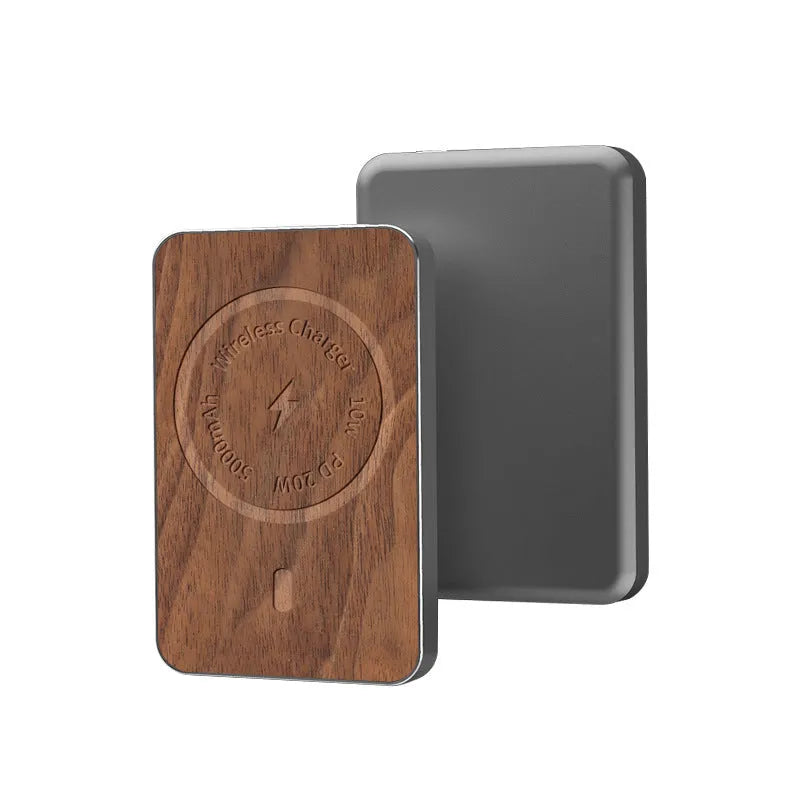 Khaki coloured magnetic wireless charging bank with alloy shell showing dimensions and charging ports