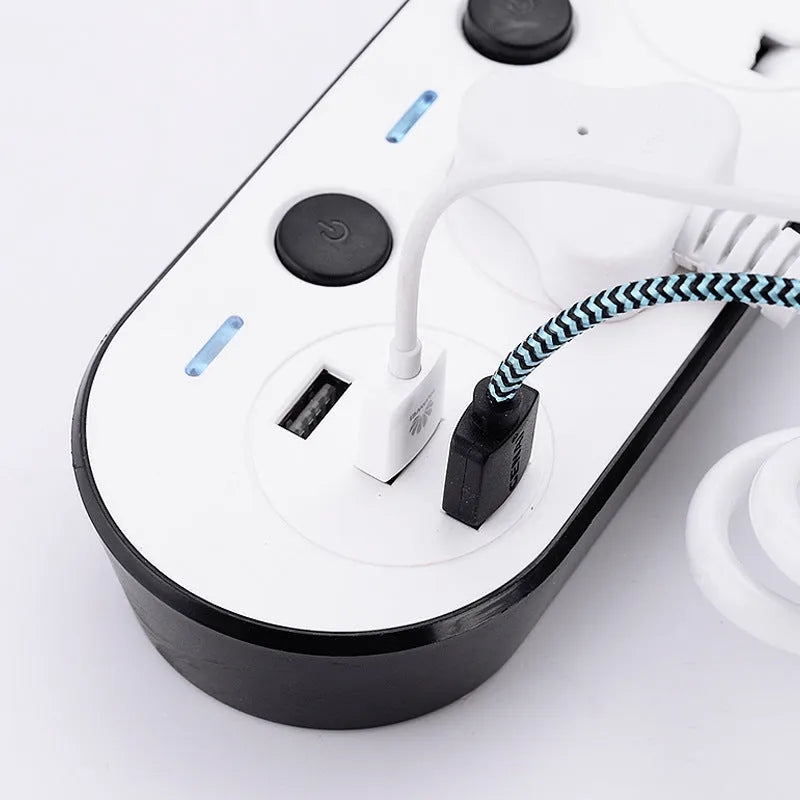 Multi-switch USB power strip compatible with international plugs on a desk.