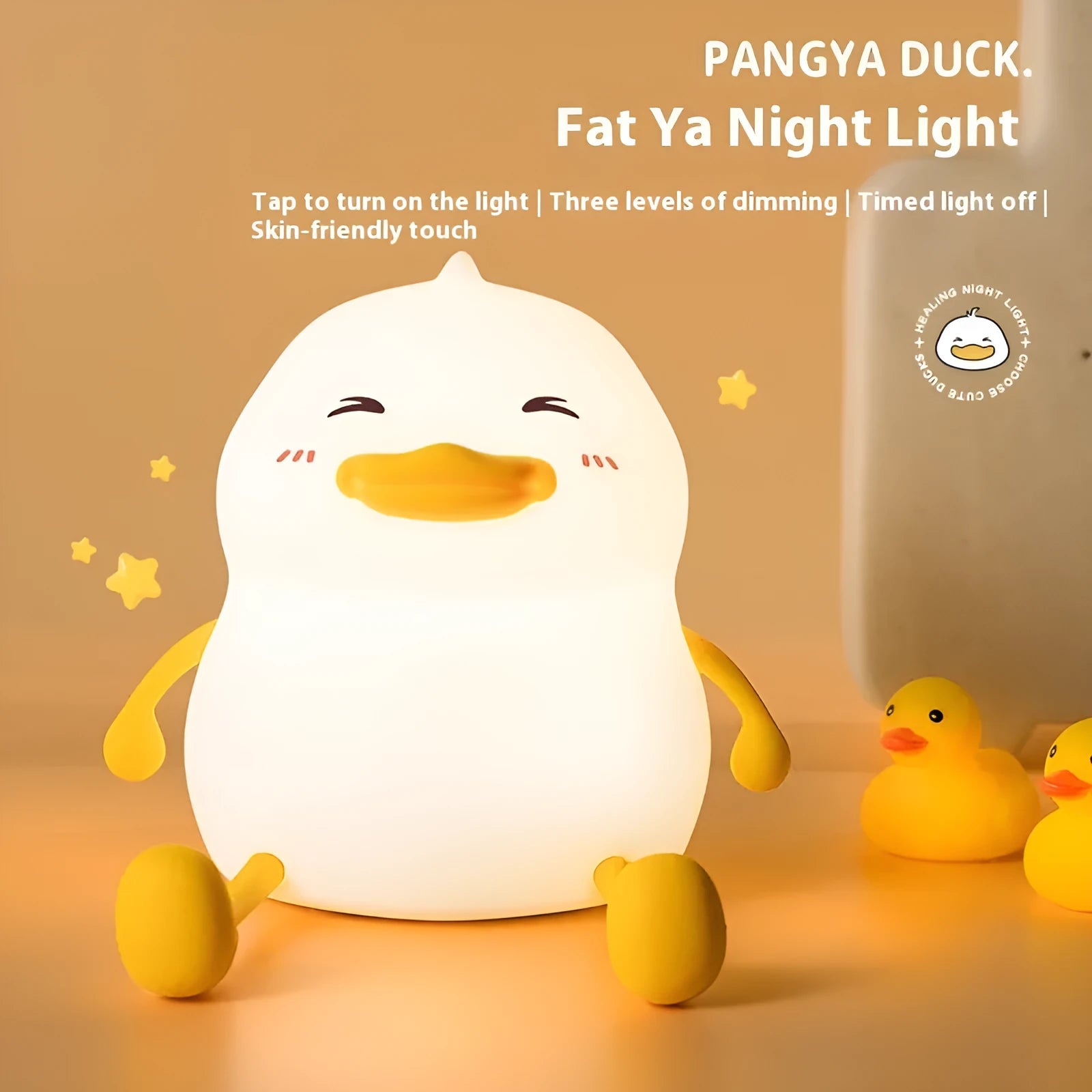Chubby silicone night lamp with phone holder showing dimensions 108x104x128mm