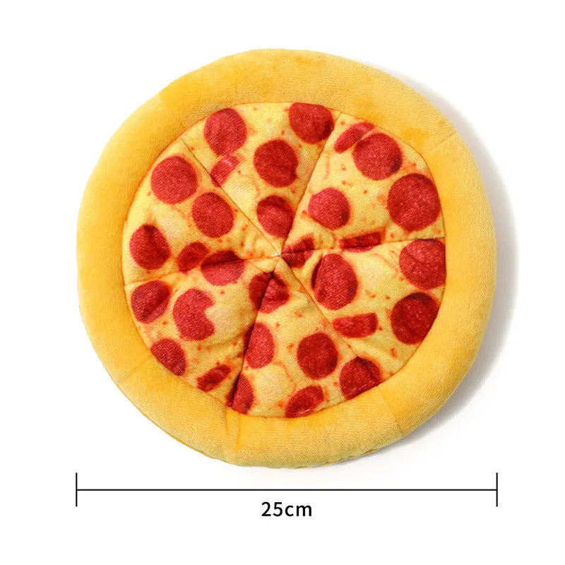 Yellow pizza slice teddy dog chewing toy with squeaker for medium-sized dogs