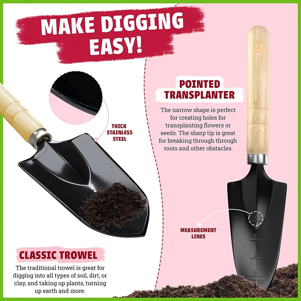 CG2001 stainless steel garden tool set of eight pieces including trowel, rake and fork on a garden background.