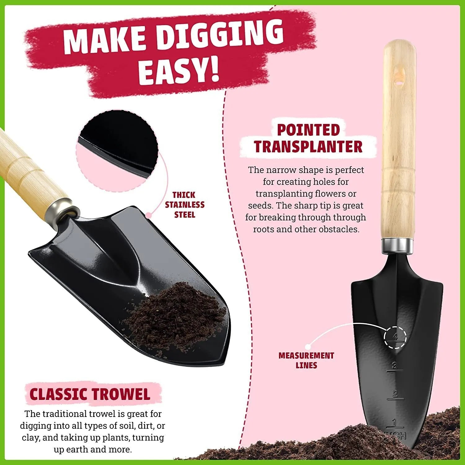 CG2001 stainless steel garden tool set of eight pieces including trowel, rake and fork on a garden background.