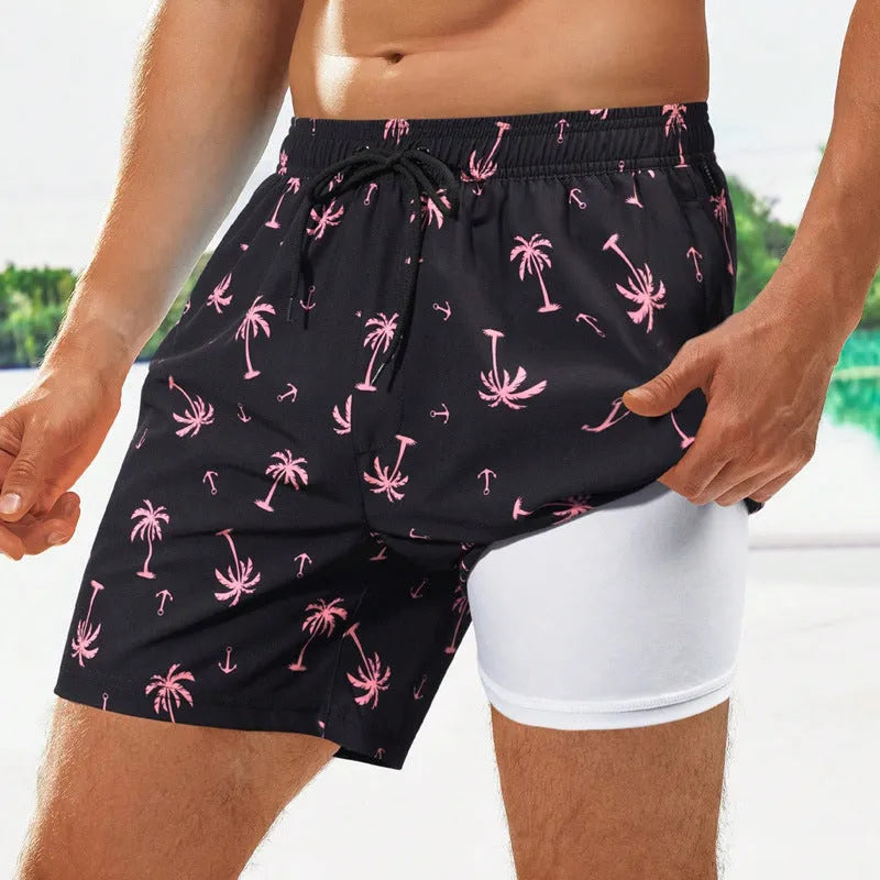 Men's loose-fit floral swimming trunks in quick-dry spandex fabric on a blue background.