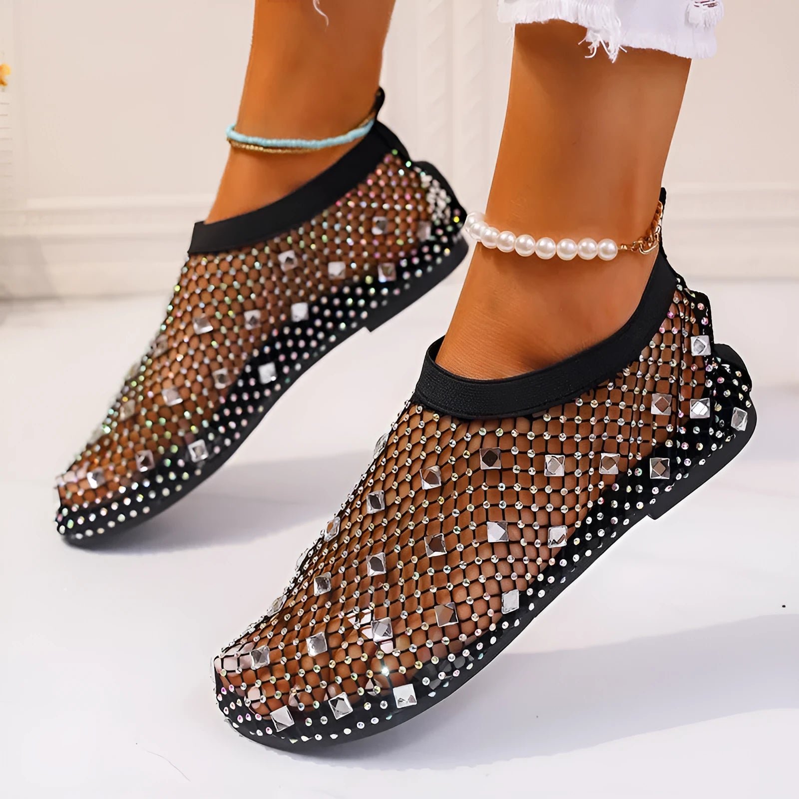 Women's mesh flat sandals with colourful rhinestone decoration on round toe design