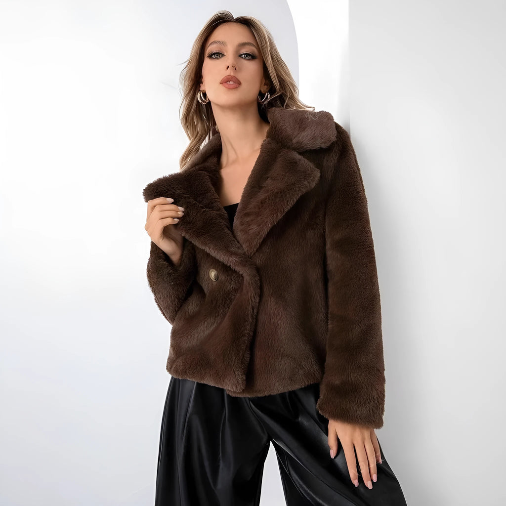 Women's artificial fur fashion coat in rose red with regular sleeves