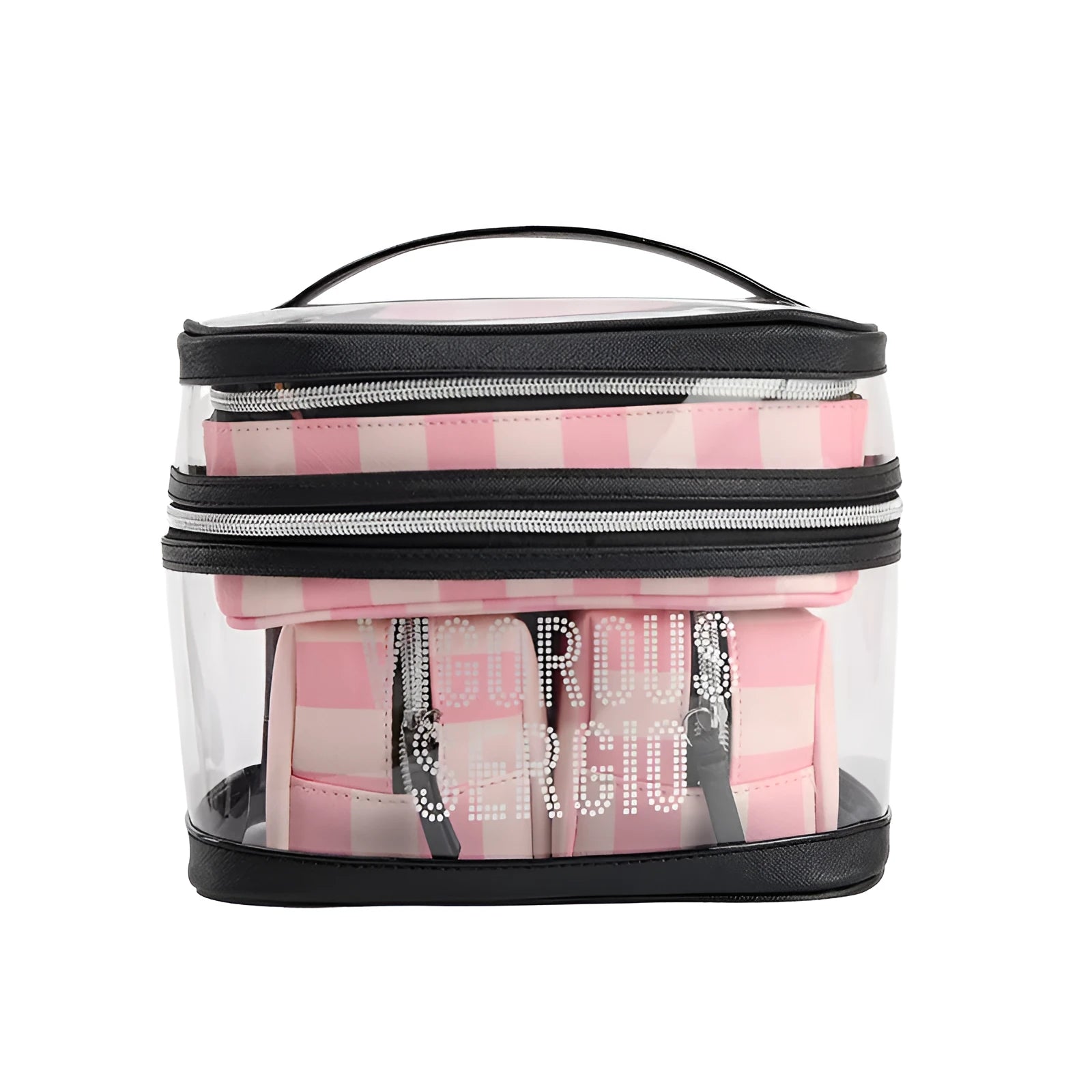 Pink and white striped folding makeup bag with floral pattern and synthetic leather material.