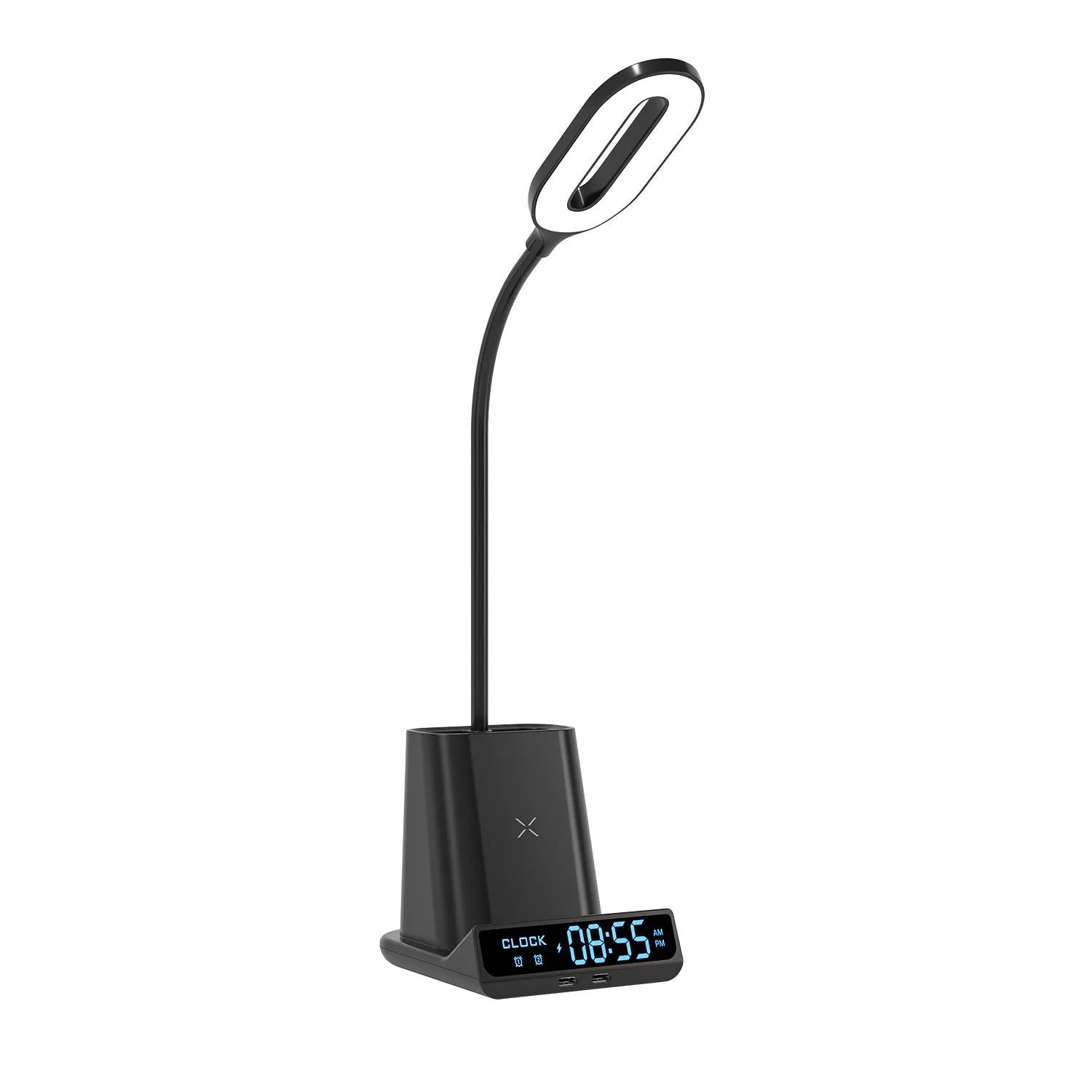 Minimalist desk lamp with wireless charging pad, pen holder and storage compartment