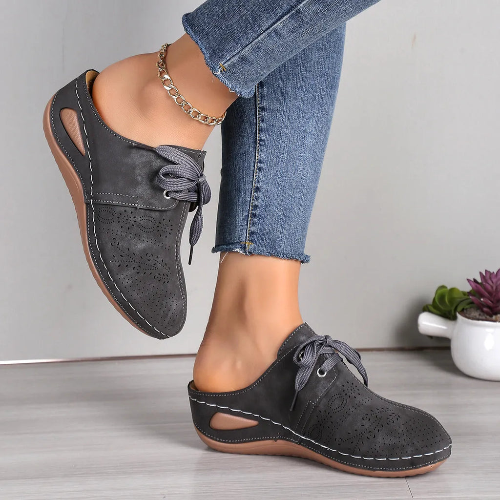 Women's lace-up wedge slippers with hollow-out design in suede upper and rubber sole