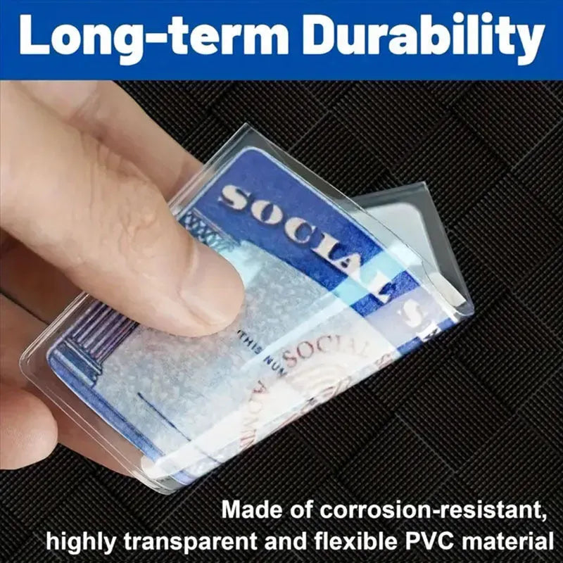 Transparent PVC waterproof social security card holder showing dimensions 9.7cm by 5.9cm