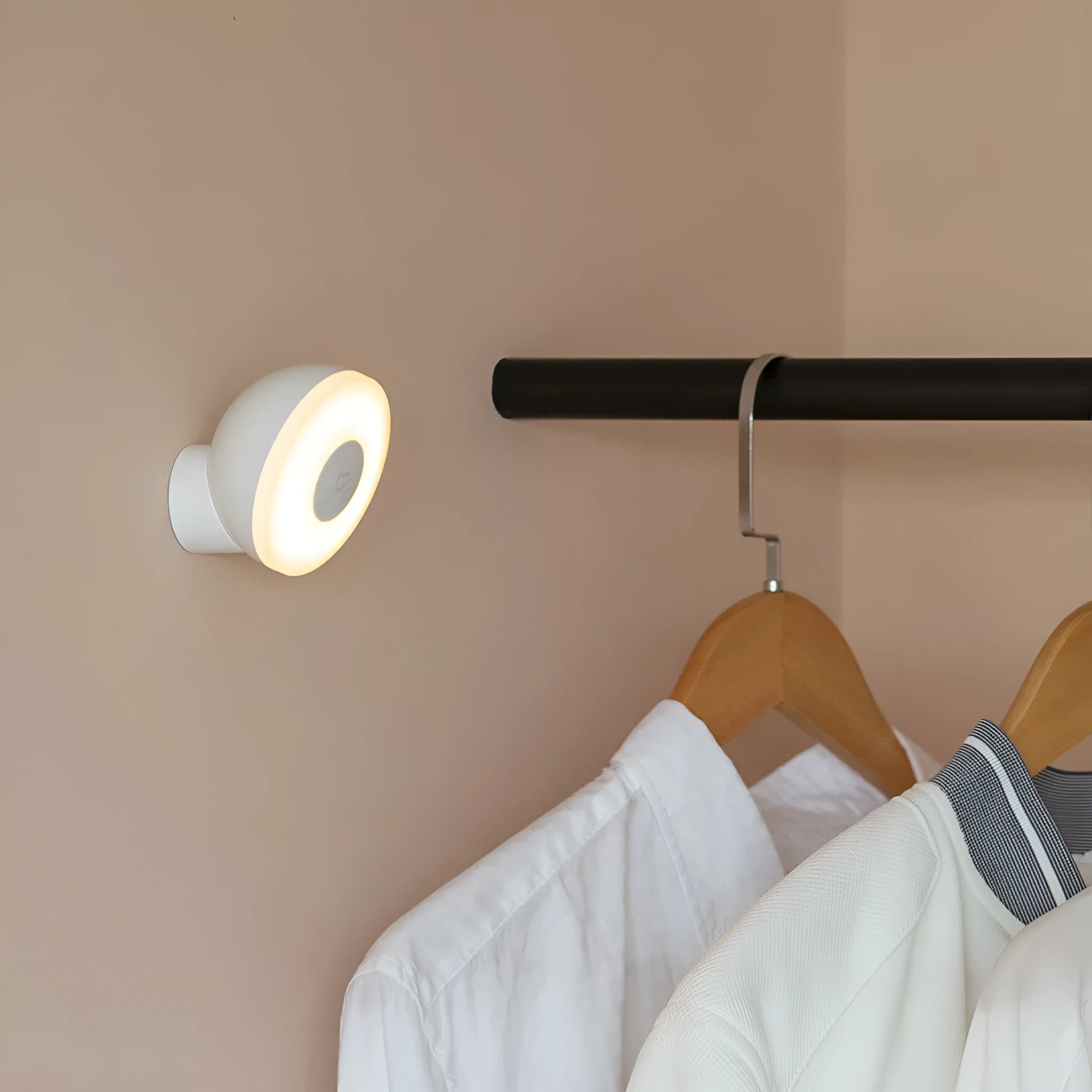 White modern Mijia Night Light 2 Bluetooth bedside lamp with human body induction on wooden table
