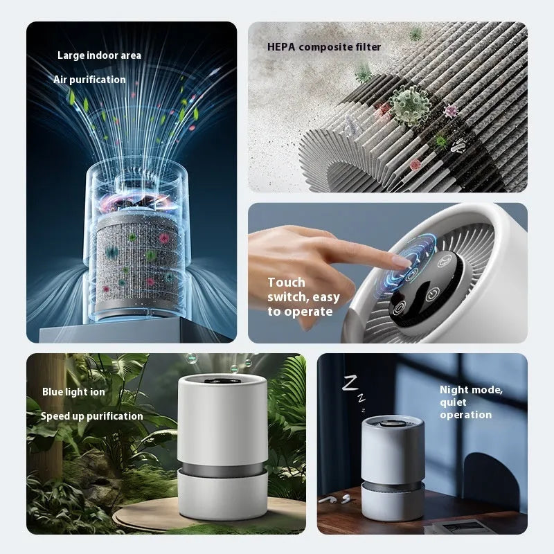 White desktop air purifier unit with USB cable for formaldehyde and odour removal in small rooms