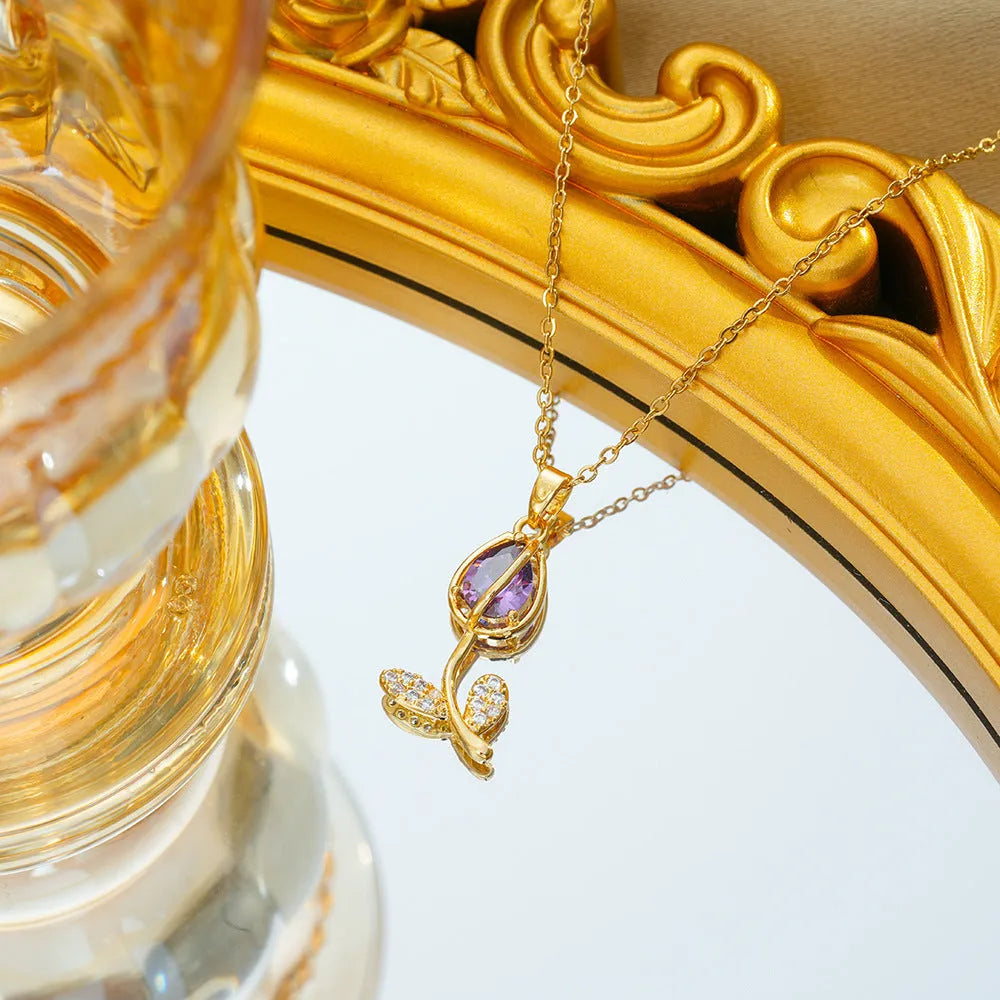 Zircon tulip necklace with titanium steel chain and gold flower pendant on adjustable O-ring