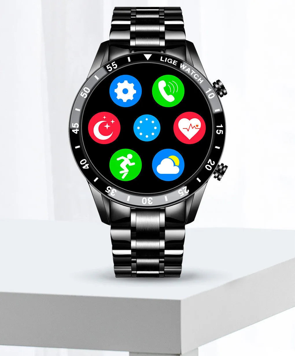 Smart watch with stainless steel wristband and 1.3-inch touch screen displaying step counter