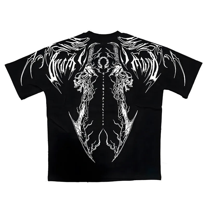 Dark coloured loose fit cotton T-shirt with short sleeves and glitter craft detail on a hanger.