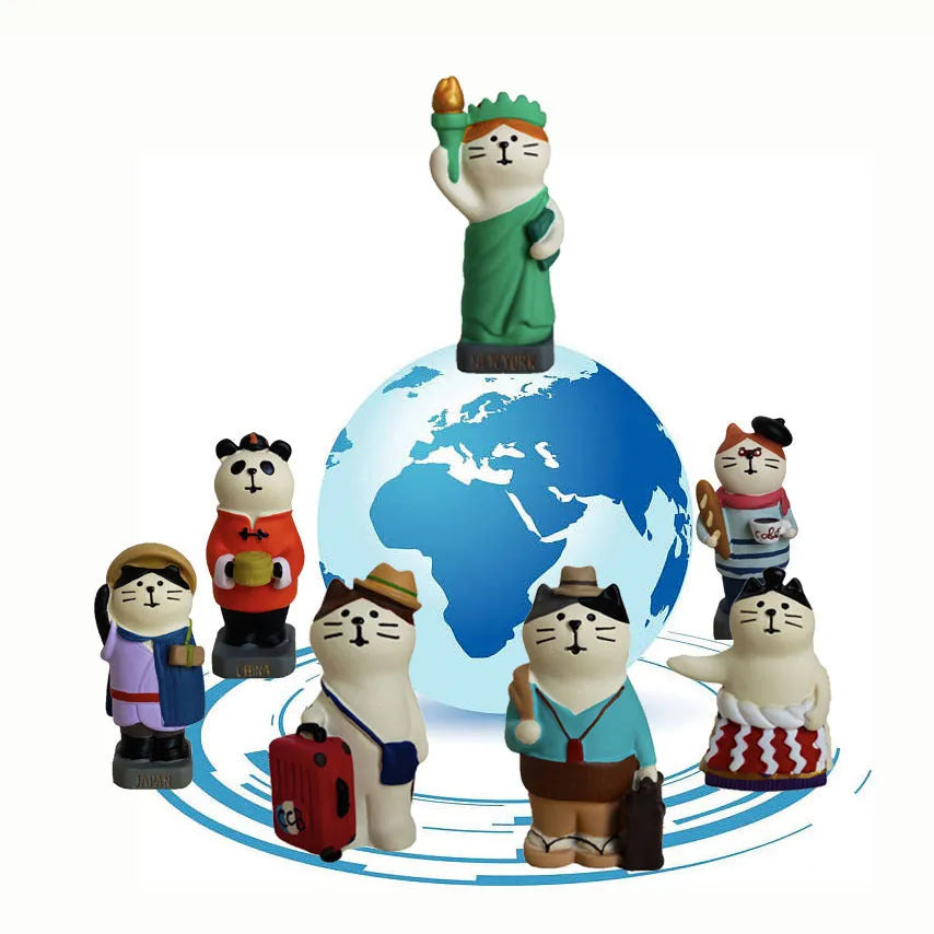 Cartoon-style resin figurine of a cat dressed as the Statue of Liberty, showing Earth Instrument Cat and Carp Cat style options.